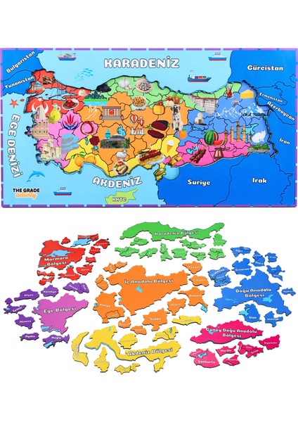 Türkiye Haritası Puzzle,3 Katmanlı, Bölgeler,şehirler ve Meşhur Simgeler,eğitici Puzzle,51 x 27 Cm. modelleri