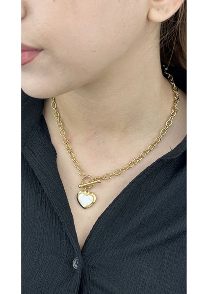 Beyaz Sedefli Kalp Figürlü, Uzun, Paslanmaz Çelik Kolye 249, Altın Renk