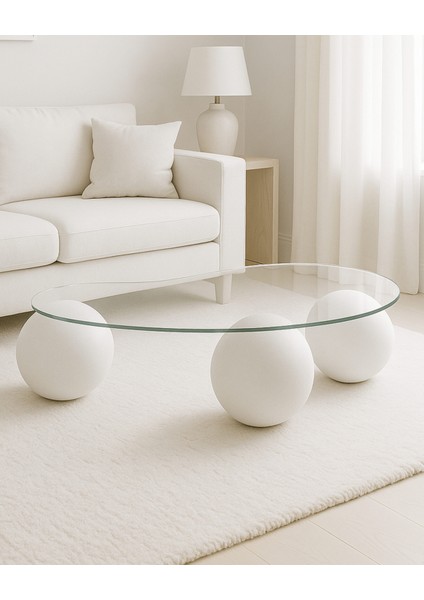 Top Sehpa & Modern Orta Sehpa & Cam Sehpa & Küre Sehpa - Fasülye Cam Beyaz Ayak