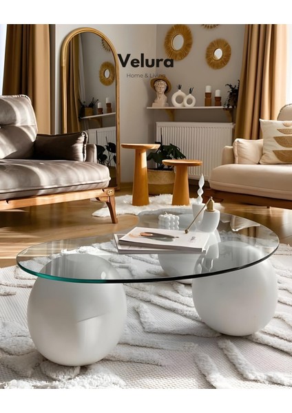 Top Sehpa & Modern Orta Sehpa & Cam Sehpa & Küre Sehpa - Fasülye Cam Beyaz Ayak modelleri