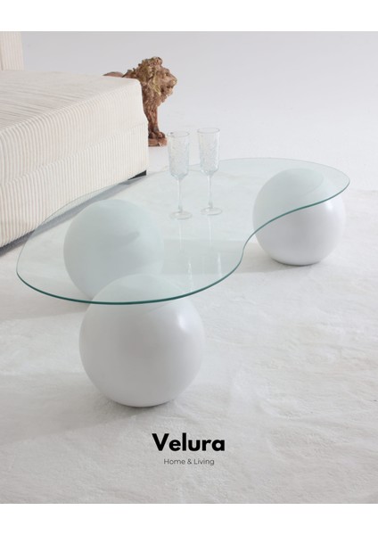 Top Sehpa & Modern Orta Sehpa & Cam Sehpa & Küre Sehpa - Fasülye Cam Beyaz Ayak