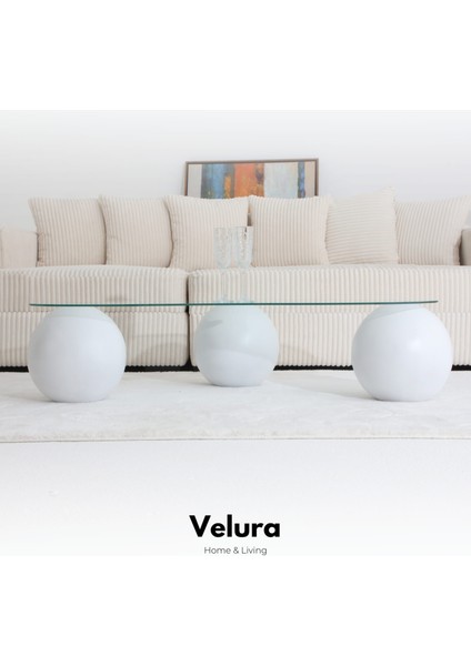 Top Sehpa & Modern Orta Sehpa & Cam Sehpa & Küre Sehpa - Fasülye Cam Beyaz Ayak