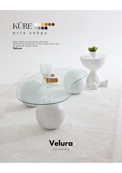 Top Sehpa & Modern Orta Sehpa & Cam Sehpa & Küre Sehpa - Fasülye Cam Beyaz Ayak