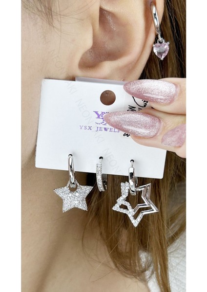 Çoklu Küpe, Zirkon Taş, Yıldız, Platinyum Kaplama Çelik Küpe 629, Gümüş Renk