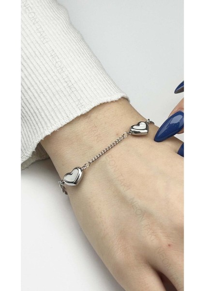 Bileklik, Kararmayan Paslanmaz Çelik, Sedefli ve Kalp Detaylı, Gümüş Renk, Model405