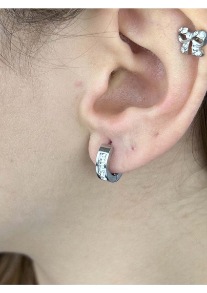 Zirkon Taşlı, Halka Model, Paslanmaz Çelik Küpe 499, Gümüş Renk