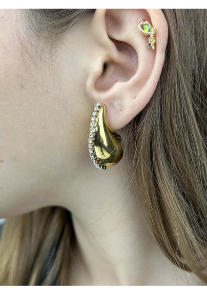 Zirkon Taşlı, Damla Bottega Model, Paslanmaz Çelik Küpe 402, Altın Renk