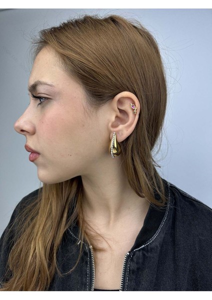 Zirkon Taşlı, Damla Bottega Model, Paslanmaz Çelik Küpe 402, Altın Renk fiyatları