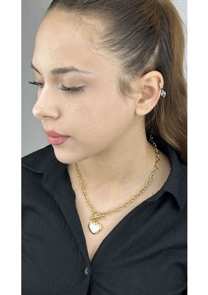 Beyaz Sedefli Kalp Figürlü, Uzun, Paslanmaz Çelik Kolye 249, Altın Renk fiyatları