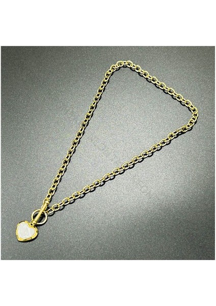 Beyaz Sedefli Kalp Figürlü, Uzun, Paslanmaz Çelik Kolye 249, Altın Renk modelleri