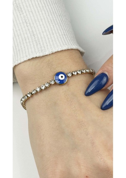 Tek Nazarlı, Zirkon Taş, Paslanmaz Çelik Zincir Bileklik 385, Altın Renk