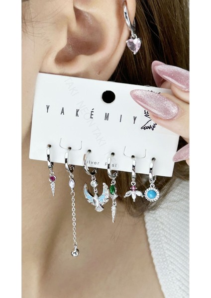 Çoklu, Zirkon Taşlı, Gümüş Pimli, Çelik Küpe 623, Gümüş Renk