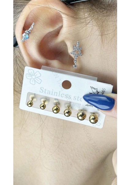 Çoklu Küpe, Topçuk Figürlü, Paslanmaz Çelik Küpe 465, Altın Renk