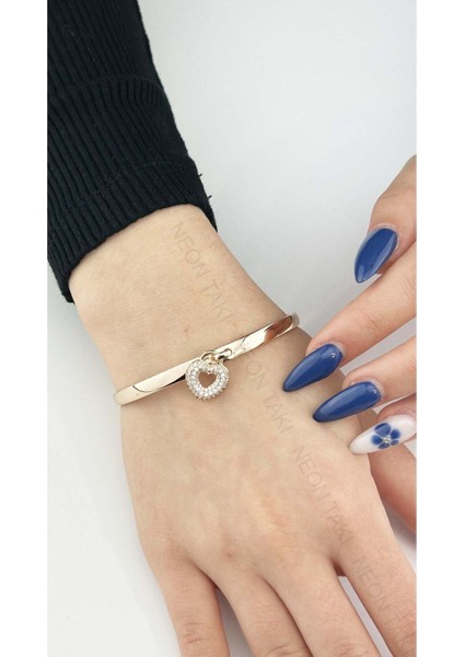 Zirkon Taşlı, Kalp Sallantılı, Altın Kaplama Çelik Bileklik 154, Pembe Renk