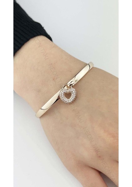 Zirkon Taşlı, Kalp Sallantılı, Altın Kaplama Çelik Bileklik 154, Pembe Renk fiyatları