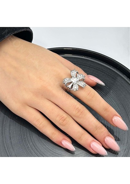 Zirkon Taşlı Kurdela Paslanmaz Çelik Yüzük 144, Kasa Gümüş Renk Ayarlanabilir