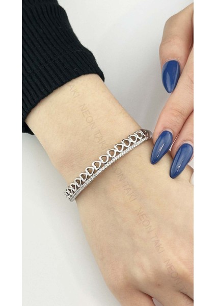 Kalp Figürlü, Zirkon Taşlı, Platinyum Kaplama Çelik Bileklik 107, Gümüş Renk