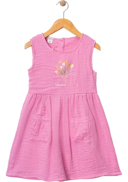 Çiçek Nakışlı Müslin Elbise Fuşya