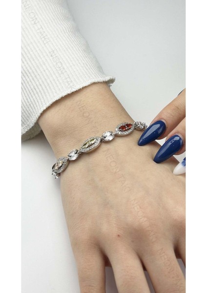 Renkli Zirkon Taşlı, Zincir Bileklik 142, Gümüş Renk