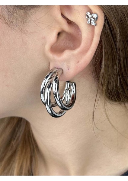 Çoklu Görünüm 3lü Paslanmaz Çelik Küpe 586, Gümüş Renk