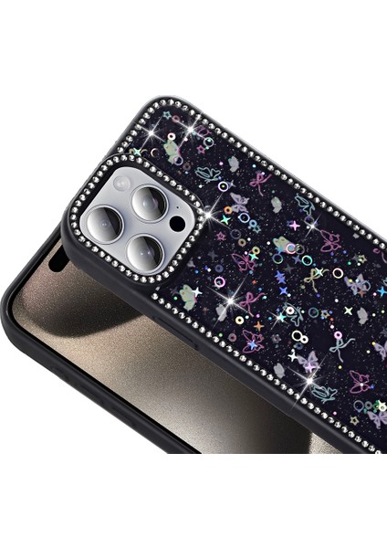 iPhone 15 Pro Kılıf Taşlı ve Simli Tasarım Frm Azra Kapak - Gold