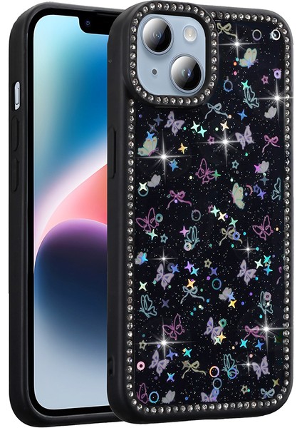 iPhone 13 Kılıf Taşlı ve Simli Tasarım Frm Azra Kapak - Siyah