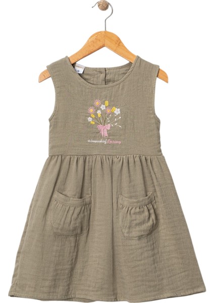 Çiçek Nakışlı Müslin Elbise Yeşil