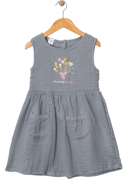 Çiçek Nakışlı Müslin Elbise Gri