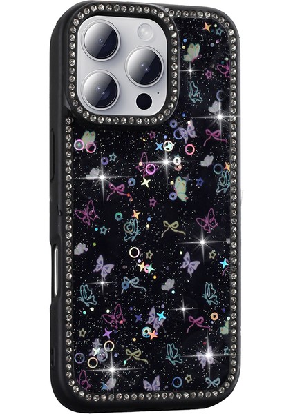 iPhone 16 Pro Max Kılıf Taşlı ve Simli Tasarım Frm Azra Kapak - Siyah modelleri