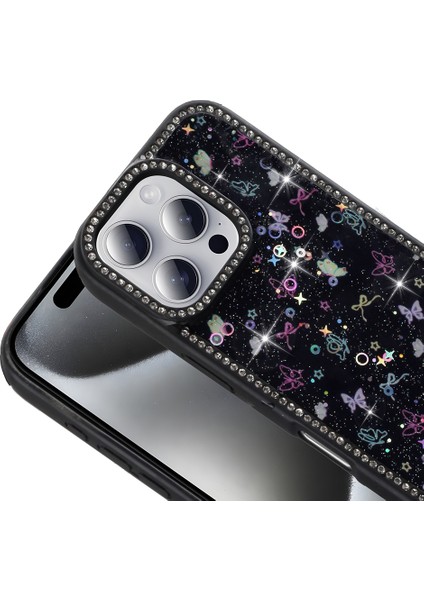 iPhone 16 Pro Max Kılıf Taşlı ve Simli Tasarım Frm Azra Kapak - Siyah