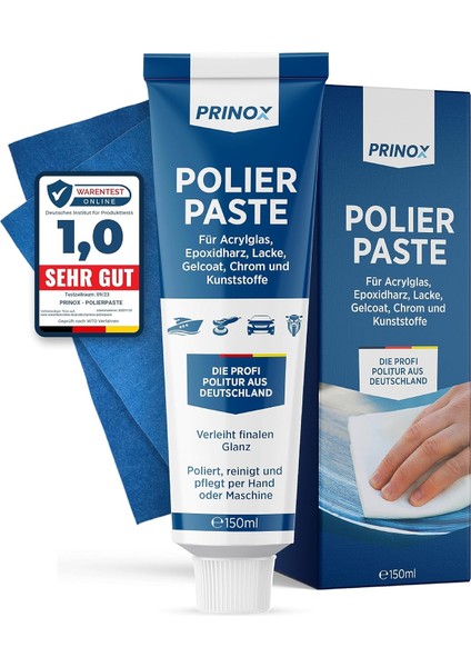 Alman Kalitesi Prınox 150 ml Polisaj Macunu + Bez Çizik ve Matlık Giderici