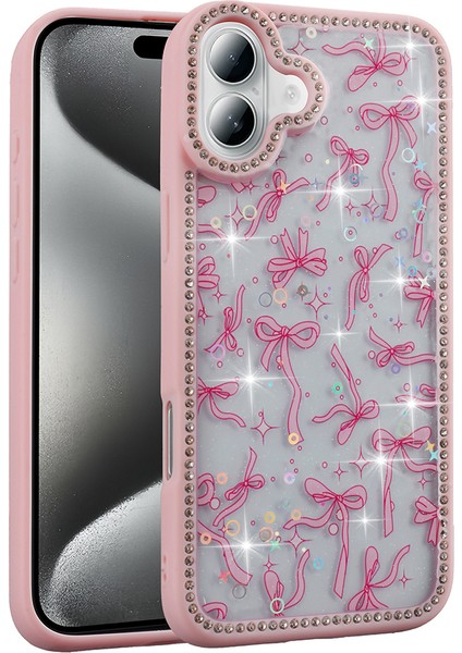 iPhone 16 Kılıf Taşlı ve Simli Tasarım Frm Azra Kapak - Pembe