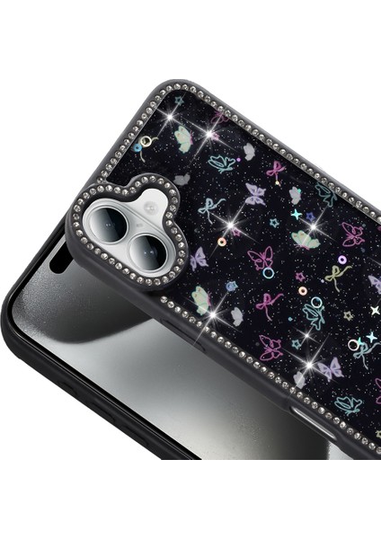 iPhone 16 Kılıf Taşlı ve Simli Tasarım Frm Azra Kapak - Pembe