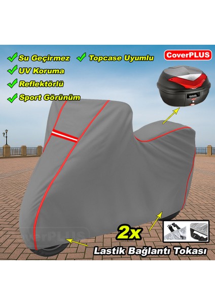 Kad?rga KD-250GY Arka Çanta Uyumlu Branda Gri Kırmızı-Dikişli Reflektörlü Motosiket Brandası Motor Örtüsü Çadır Su Geçirmez Motosiklet Kılıfı Motor Brandası