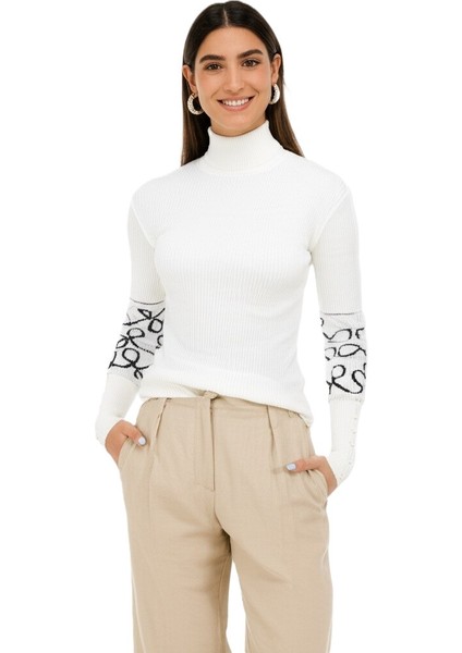 Kadın Kışlık Kolları Şık Boncuklu Tam Boğazlı Yaka Uzun Kollu Bedene Oturan Likralı Örme Triko Badi Kazak