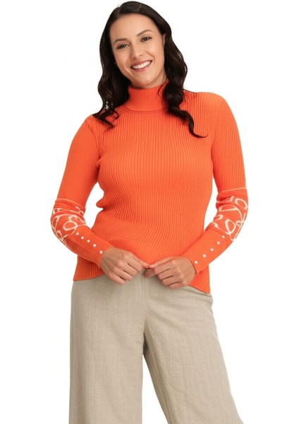 Kadın Kışlık Kolları Şık Boncuklu Tam Boğazlı Yaka Uzun Kollu Bedene Oturan Likralı Örme Triko Badi Kazak