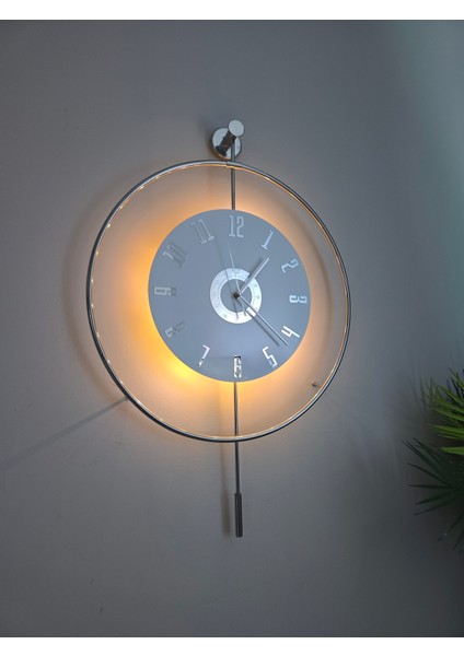 Led'li Gümüş Izmir Kristal Tiktok (Büyük Boy 50 x 75 Cm), Modern Dekoratif Metal Duvar Saati