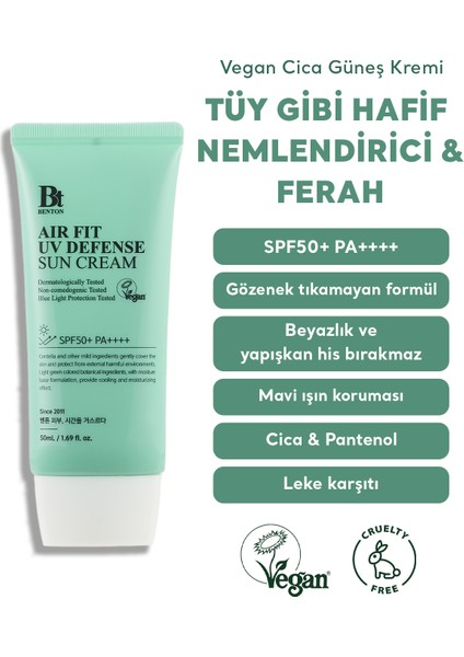 Air Fit UV Defense Sun Cream SPF50+ PA++++ 50ml Vegan Cica Güneş Kremi