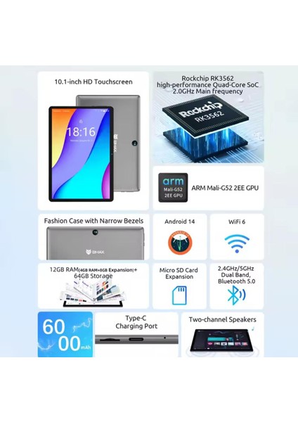 Bmax Android 15 Maxpad I9 Plus 10.1 Inç 1280*800 IPS Hd Dokunmatik Ekran 12 GB (4 GB Ram + 8 GB Genişletme) 64 GB Rom Rockchip RK3562 Tablet
