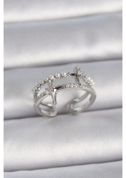 Pirinç Gümüş Renk Ayarlanabilir Zirkon Taşlı Kutup Yıldız Inci Detay Kadın Yüzük