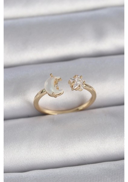 Pirinç Gold Renk Incili Hilal Zirkon Taşlı Yıldız Ayarlanabilir Model Kadın Yüzük