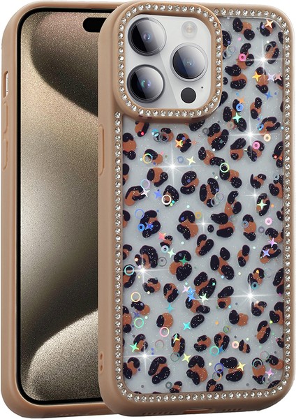 iPhone 14 Pro Max Kılıf Taşlı ve Simli Tasarım Gkm Azra Kapak - Gold