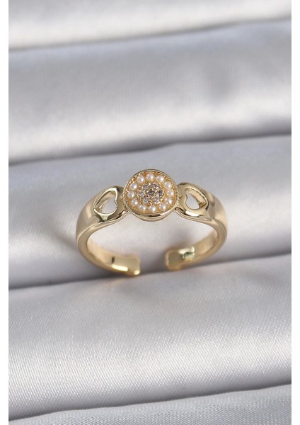 Pirinç Gold Renk Zirkon Taşlı Incili Kalp Işleme Detay Ayarlanabilir Kadın Yüzük