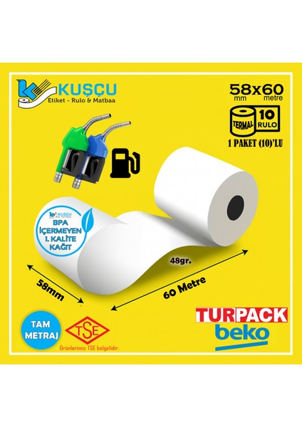 10 Adet 58X60 Tse Belgeli - Bpa Içermeyen - Akaryakıt/pompa - Turpack/beko- Kuşçu Etiket