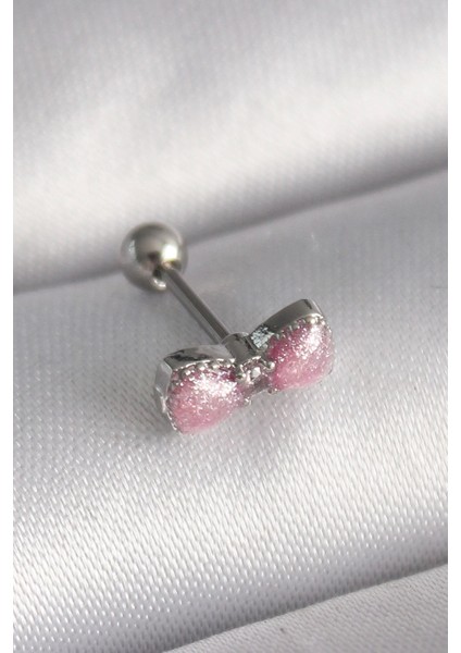 316L Çelik Gümüş Renk Pembe Kurdele Zirkon Taş Detay Tragus Piercing