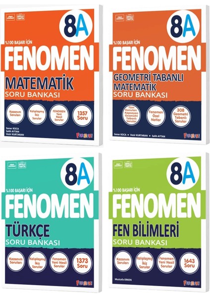 Fenomen Okul 2025 8. Sınıf Matematik + Türkçe + Fen + Geometri A Serisi Soru Bankası Seti 4 Kitap