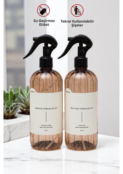 Banyo Ve Mutfak Temizleyici Etiketli Spreyli Plastik Şişe Seti 2'li Açık Kahverengi 500 ml