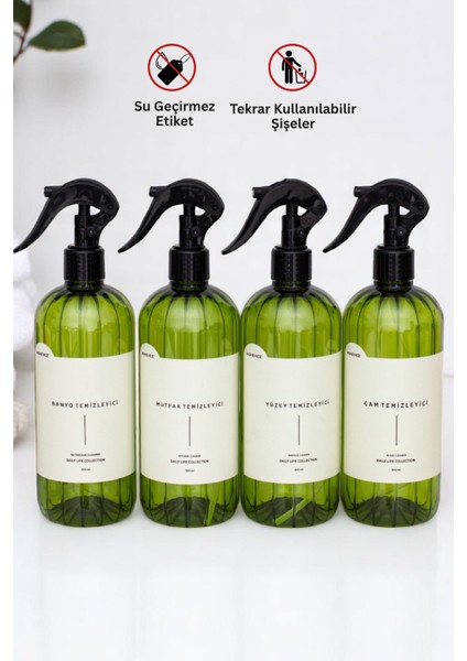 Banyo Mutfak Yüzey Cam Temizleyici Etiketli Spreyli Plastik Şişe Seti 4'lü Yeşil Sabunluk 500 ml