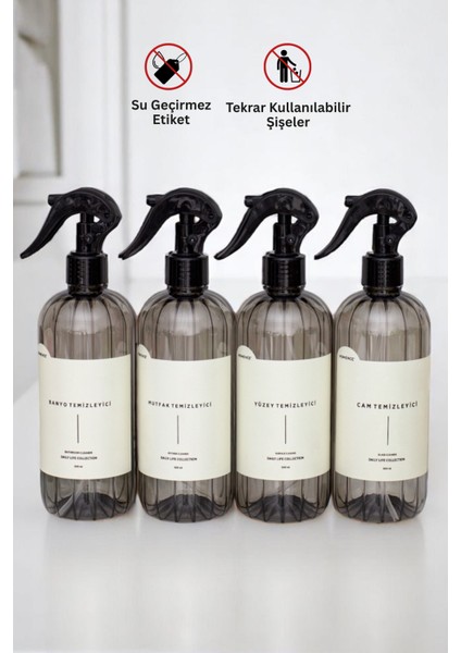 Banyo Mutfak Yüzey Ve Cam Temizleyici Etiketli Spreyli Plastik Şişe Seti 4'lü Füme Sabunluk 500 ml