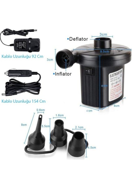 Elektrikli Yatak Şişirme Pompası Vakumlama Çift Fonksiyonlu 3 Başlıklı Araç Çakmak Girişli Elektrikli Hava Pompa modelleri